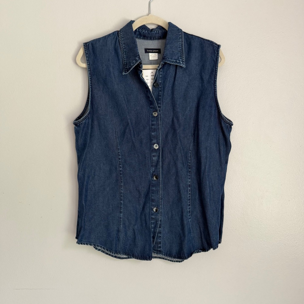 NWT Y2K Boston Proper Tencel Denim Sleeveless Button Down Top Wash USA L